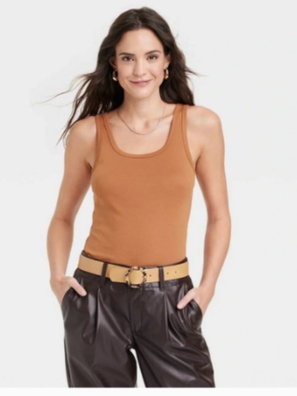 A New Day Women’s Size Large Slim Fit Tank Top Brown Rust Scoop Neck Stretch
